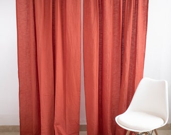 Brick Red Curtains - Linen Curtains For Window , room , Living room - Brick Red 2 Panel Semi Sheer Handmade Curtains