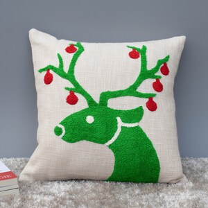Christmas Reindeer Pillow Cover: Green Crewel Embroidery, Holiday Cushion