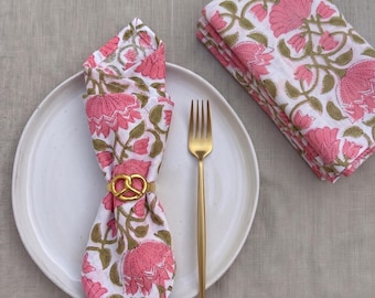 Hand Block Print Cotton Napkin Set – Pink Floral Design Lightweight Reusable Table Napkins