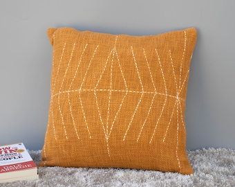 Handmade Mustard Throw Pillow Cover: Kantha Embroidery, Cotton & Wool