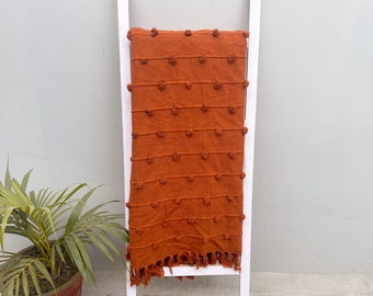 Rust Orange Loops Hand Loom Chunky Woven Sofa Cotton Throw Blankets - Decorative Chunky Rust Throw Blanket 52x72 Inch Easter Gift