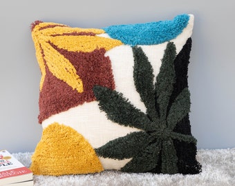 Multicolor Leaf's Tufted Cotton Cushion Cover, Pure Cotton Hand Tufted Pillow Case - Boho Texture Decorative Cushion Cover