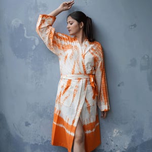 Orange Tie-Dye Linen Kimono Robe: Lightweight Loungewear