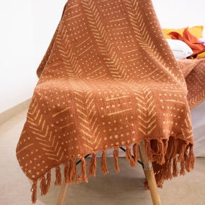 Rust Mud Cloth Throw Blanket | Block Printed Cotton Blanket | Fringed Rust Cotton Throw with Tassels - Easter Sale
