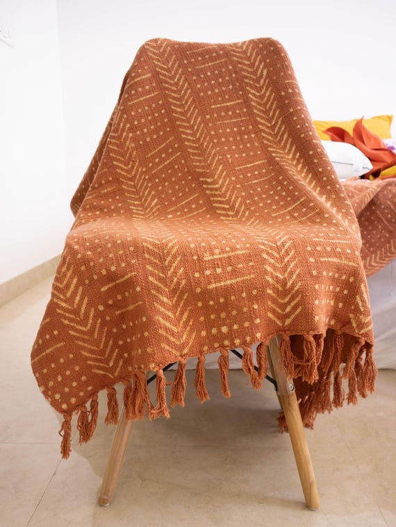 Rust Mud Cloth Throw Blanket Block Printed Cotton Blanket