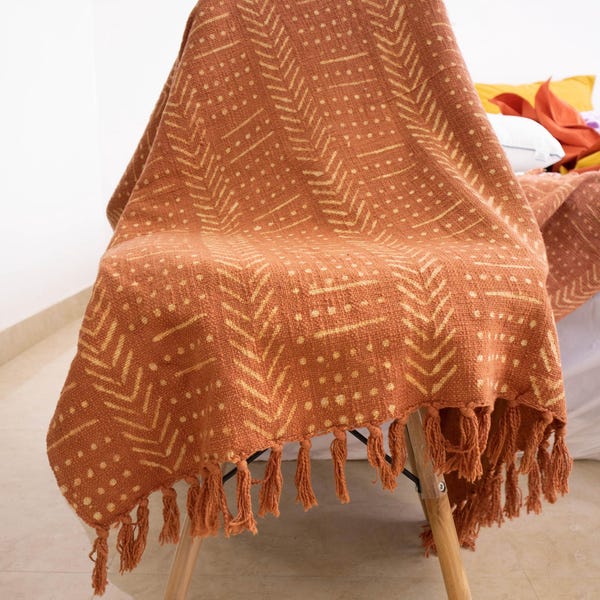 Rust Cotton Throw Blanket: Hand Block Printed Mud Cloth with Tassels