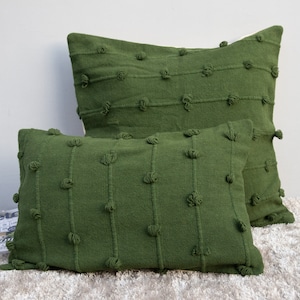 Handmade Olive Green Pillow Cover: Woven Cotton Loops Cushion