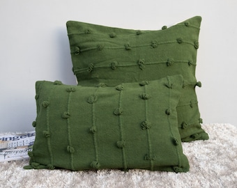 Handmade Olive Green Pillow Cover: Woven Cotton Loops Cushion
