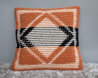 Orange Hand loom Fringes and Chunky Loops Cotton Cushion Cover - Square Boho Texture Cushion Cover