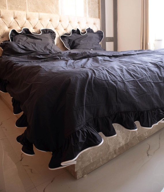 Black Ruffled and Pippin Cotton Duvet Cover with Pillowcases: Hand-Dyed Bedding