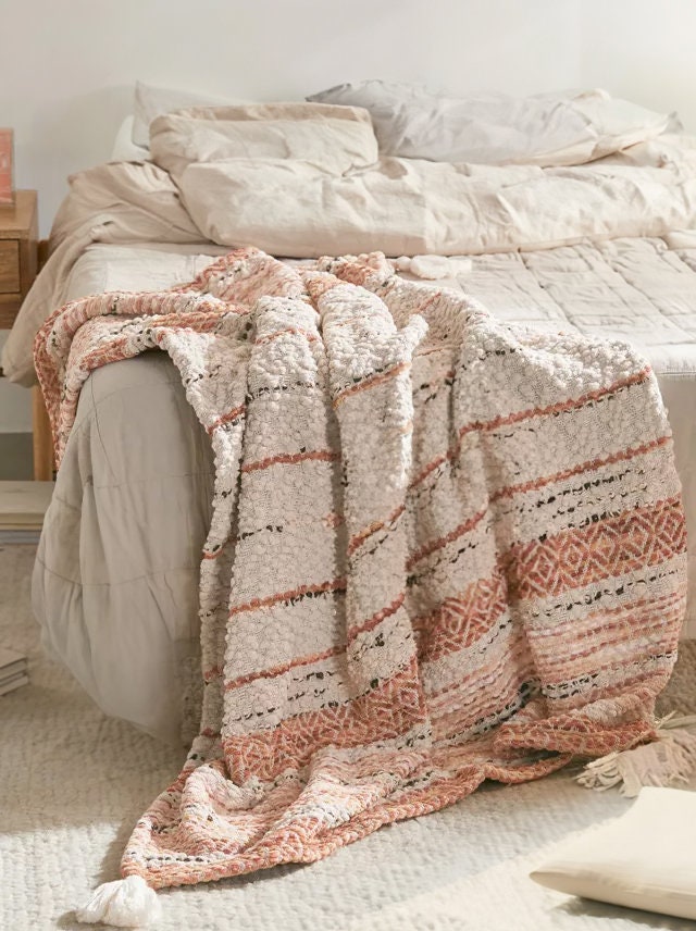 Hand Loom Knitted Throw Blanket: Cotton Chenille Acrylic Blend, Ivory Rust Orange