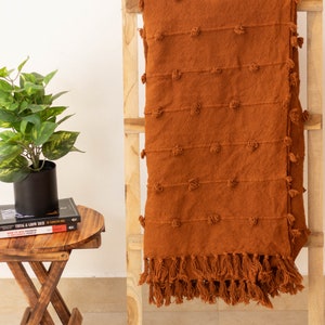 Rust Loops Hand Loom Chunky Woven Cotton Throw Blankets Decorative Chunky Rust Orange Throw Blanket 52x72 Inch image 5