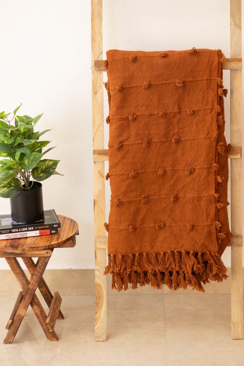 Rust Loops Hand Loom Chunky Woven Cotton Throw Blankets Decorative Chunky Rust Orange Throw Blanket 52x72 Inch image 5