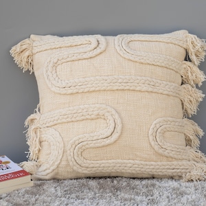 Braided Rope Pillow Cover: Ivory Cotton Cushion with Fringe Tassels