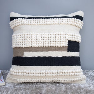 Chunky Woven Hand-Loomed Cotton Cushion Cover - Black and Natural Color Stylish Pillow Cover for Home Decor & House Warming Gift