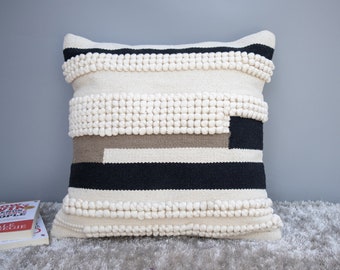 Chunky Woven Cotton Pillow Cover: Black and Natural Hand-Loomed Cushion