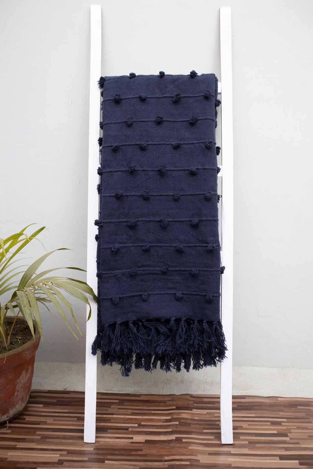 Navy Blue Loops Hand Loom Chunky Woven Sofa Throw Blankets Decorative