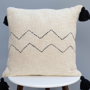Handmade Embroidered Pillow Cover: Natural Cotton Throw Cushion with Black Tassels