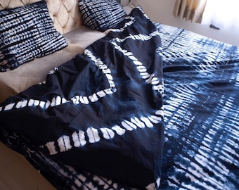 Reversible Blue Tie Dye Cotton Duvet Cover with Two Pillowcases - Double Color Indigo Bedding