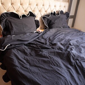 Black Ruffled and Pippin Cotton Duvet Cover with Pillowcases: Hand-Dyed Bedding image 4