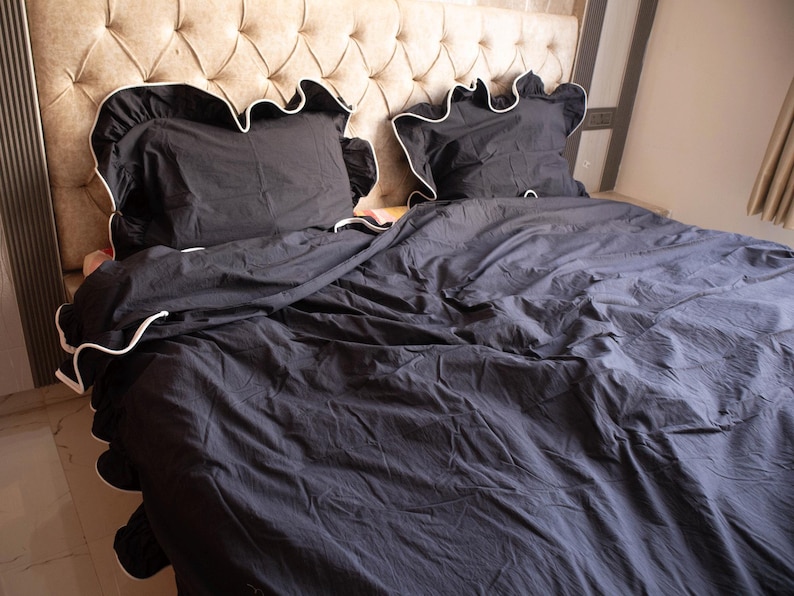 Black Ruffled and Pippin Cotton Duvet Cover with Pillowcases: Hand-Dyed Bedding image 4
