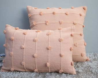 Blush Pink Cotton Hand Loom Woven Chunky loops Pink Pillow Cover | Pink Throw Pillow Case, Handmade Cotton Cushion Cover