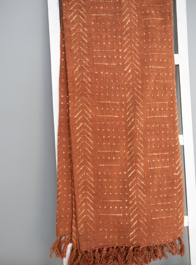 Rust Mud Cloth Cotton Blanket Block Printed Throw Blanket Rust Cotton Blanket with Fringes Tassels Fathers Day Sale 52x72 inches