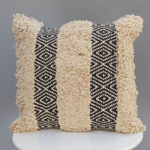 Handmade Tufted Throw Pillow Cover: Black & Ivory Woven Cushion