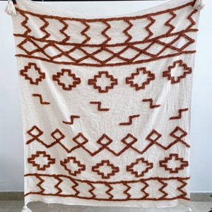 Rust Throw Blanket - Natural Handloom Cotton Tufted Blanket - 52x72 Inch Cotton Rust Blanket- Sofa Throw