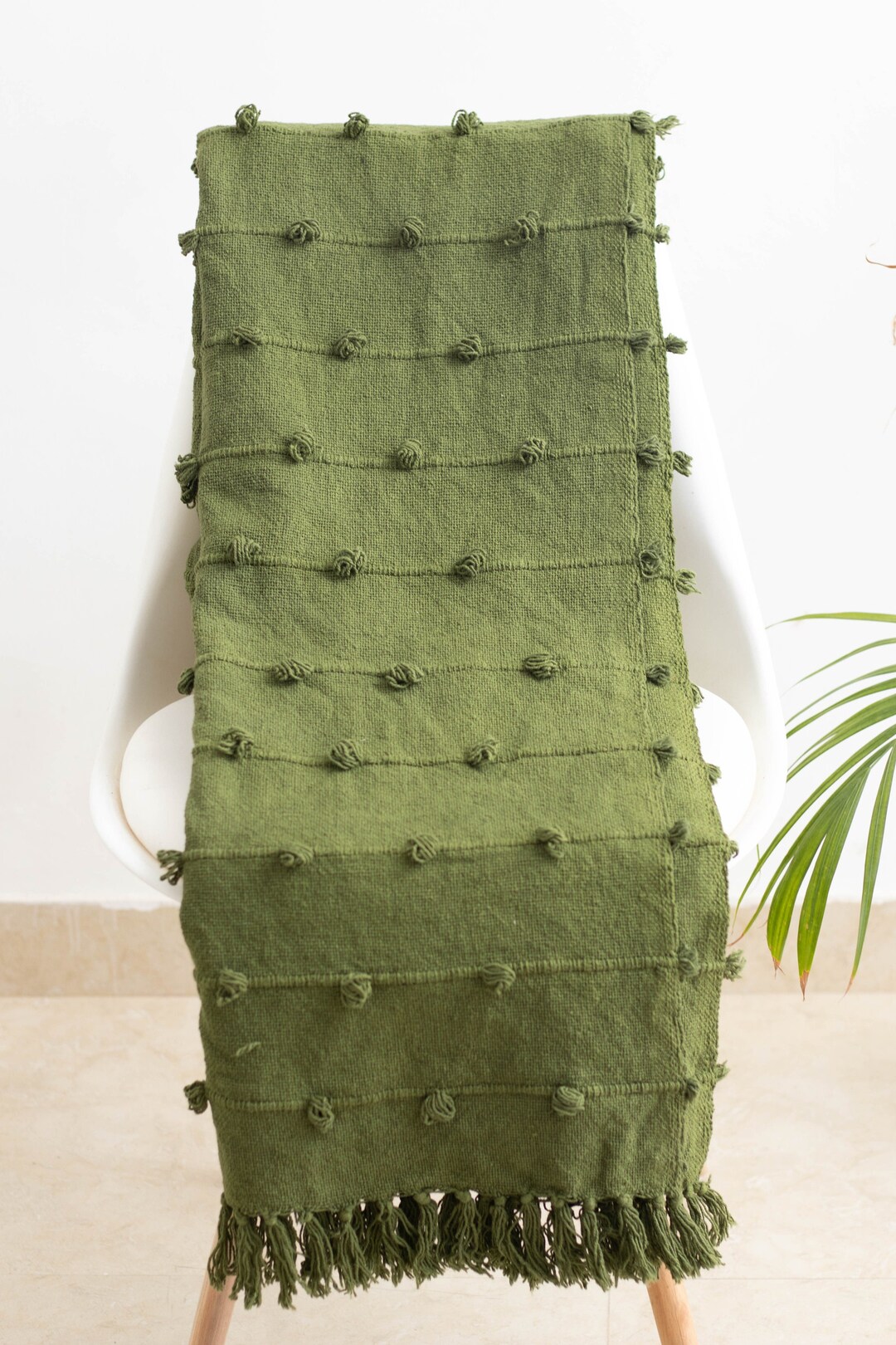 Olive Green Loops Hand Loom Chunky Woven Sofa Throw Blankets Decorative