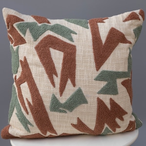 Crewel Embroidered Pillow Cover: Green & Brown Aari Design