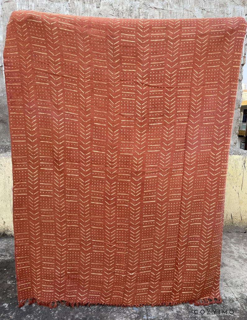 Rust Mud Cloth Cotton Blanket Block Printed Throw Blanket Rust Cotton Blanket with Fringes Tassels Fathers Day Sale image 2