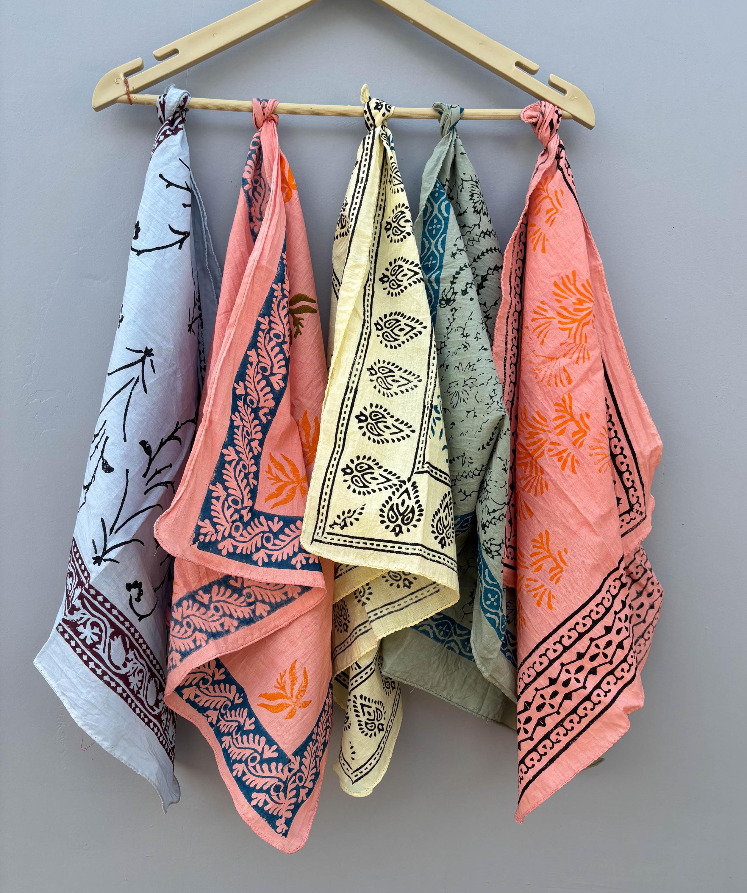 Organic Cotton Bandana Set of 5 Handmade Block Print Bandanas for Women Men
