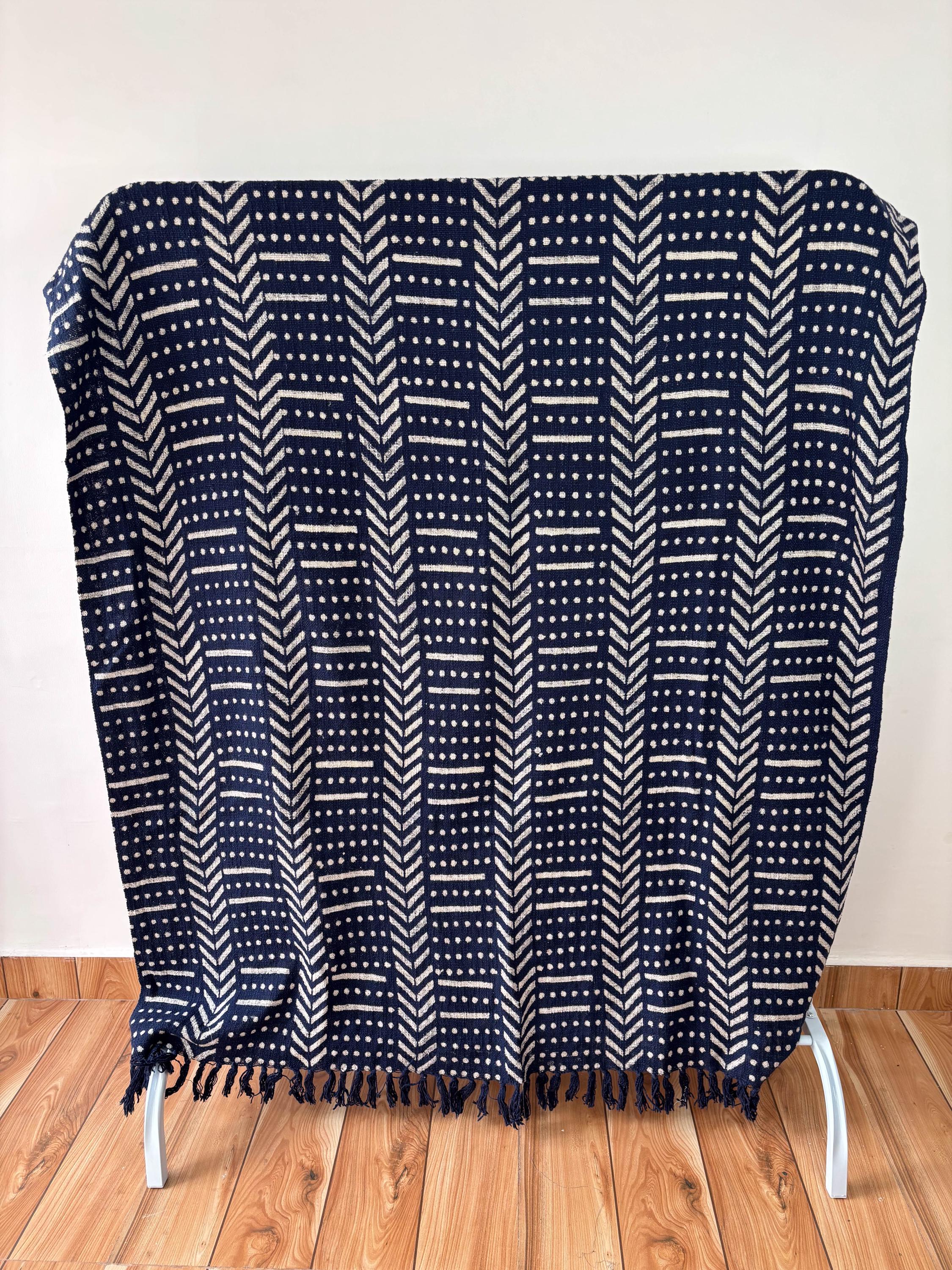 Rust Cotton Throw Blanket: Hand Block Printed Mud Cloth with Tassels