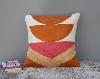 Burnt Orange Crewel Embroidery Cushion Cover | Handmade Decorative Pillow Cover - Boho Texture Cotton Pillow Case