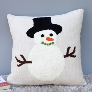 Christmas Snowman Pillow Cover: Crewel Embroidered Wool Cushion