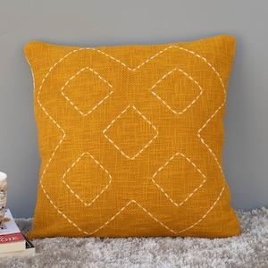 Handmade Mustard Cotton Pillow Cover: Hand Kantha Embroidery