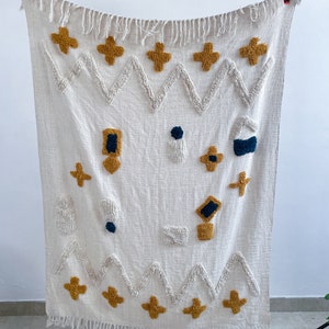 Hand Woven Cotton Tufted Throw Blanket with Fringes - Ivory & Mustard