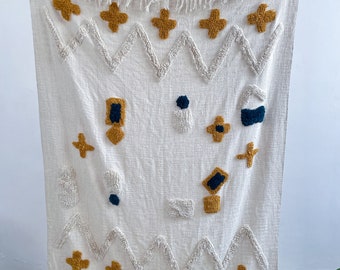 Hand Woven Cotton Tufted Throw Blanket with Fringes - Ivory & Mustard