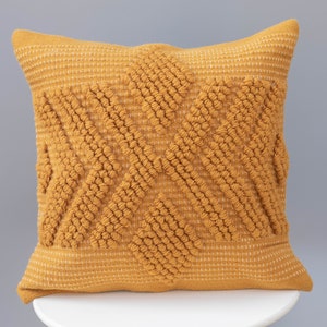 Hand Woven Mustard Loops Pillow Cover: Recycled Pet Wool Boho Cushion