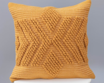 Hand Woven Mustard Loops Pillow Cover: Recycled Pet Wool Boho Cushion