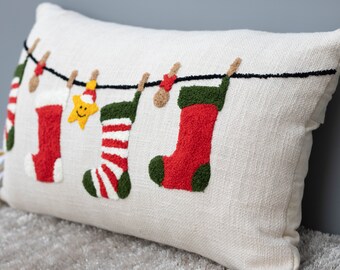 Christmas Stockings Pillow Cover: Crewel Embroidered Cotton Lumbar Cushion