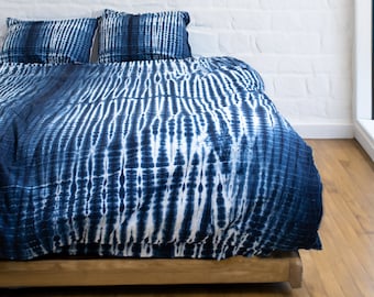 Indigo Blue Shibori Tie Dye Duvet Cover – Hand-Dyed Cotton Stripe Pattern Bedding With Two Pillow Case