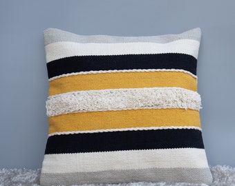 Cotton Handloom Stripe Pattern Cushion Cover with Tufting Design  - Mustard Cushion Cover 18x18 , 20x20 Inches