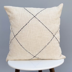 White Kantha Pillow Cover: Hand Embroidered Cotton Throw Cushion