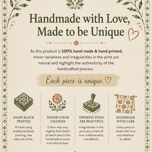 May include: A cream-colored poster with the text "Handmade with Love, Made to be Unique." It highlights hand-printed products with minor color changes and imperfections, emphasizing unique craftsmanship and care.