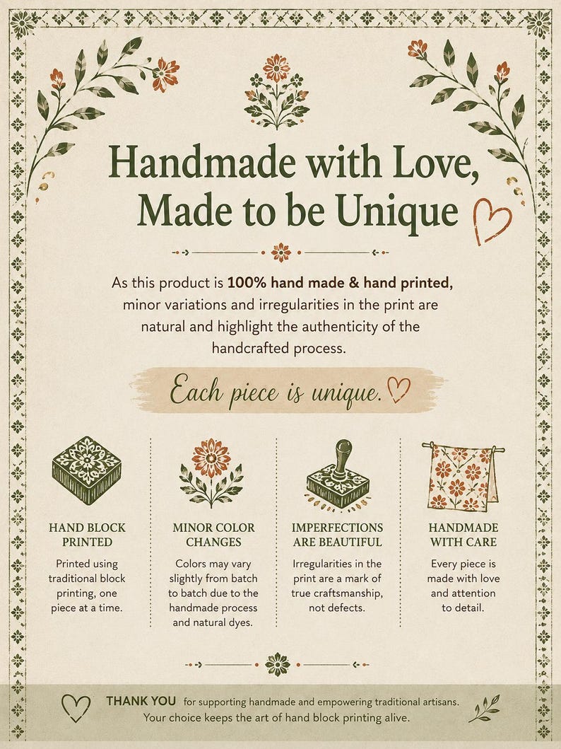 May include: A cream-colored poster with the text "Handmade with Love, Made to be Unique." It highlights hand-printed products with minor color changes and imperfections, emphasizing unique craftsmanship and care.