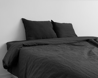Charcoal Black Linen Duvet Cover With Two Pillow Covers - Queen, King, & Custom Sizes