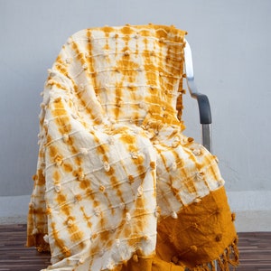 Mustard Tie Dye Cotton Throw Blanket with Handwoven Fringes (52x72 Inches)