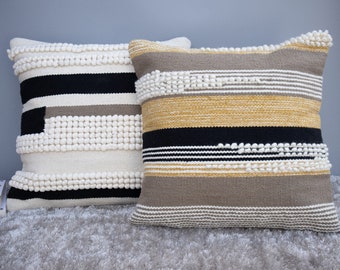 Handloom Cotton Pillow Cover Set: Boho Textured Cushion, Neutral Beige